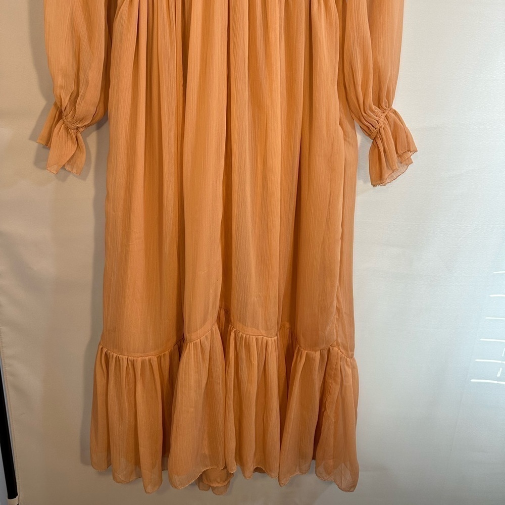 French Connection Akita Pleated Ruffled Long Sleeve Puff MIDI Dress Size 6 Pink - Picture 7 of 16